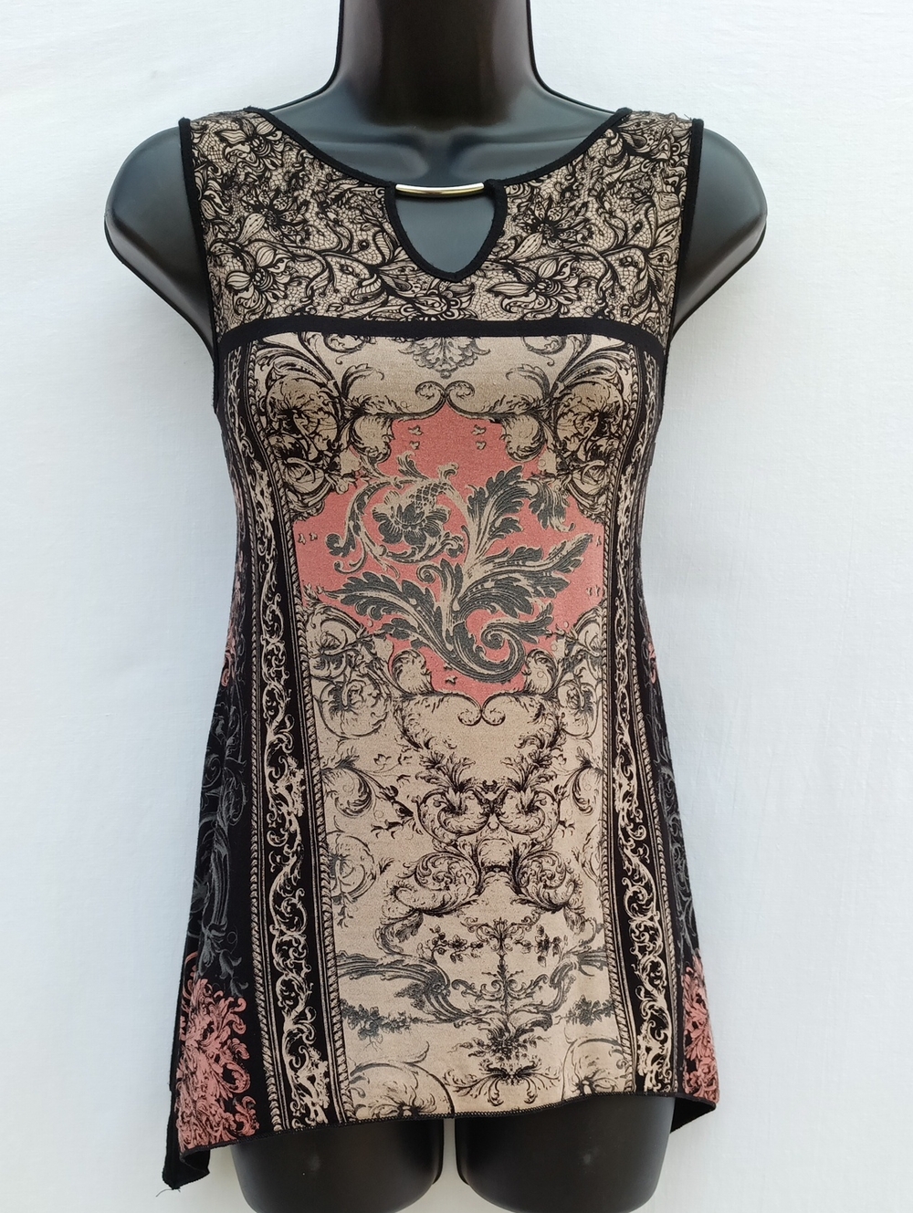 Vanilla Sugar Coral and Black Ornate Scoop Neck Tank With Bold Back Graphic